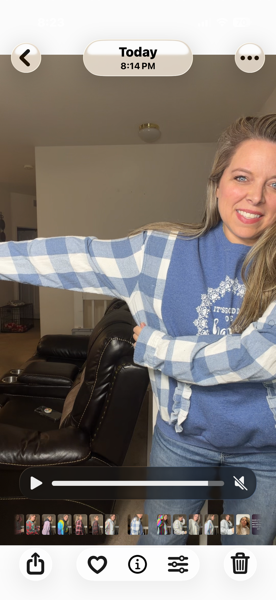 Upcycled Happy - women's small/medium midweight sweatshirt with flannel sleeves