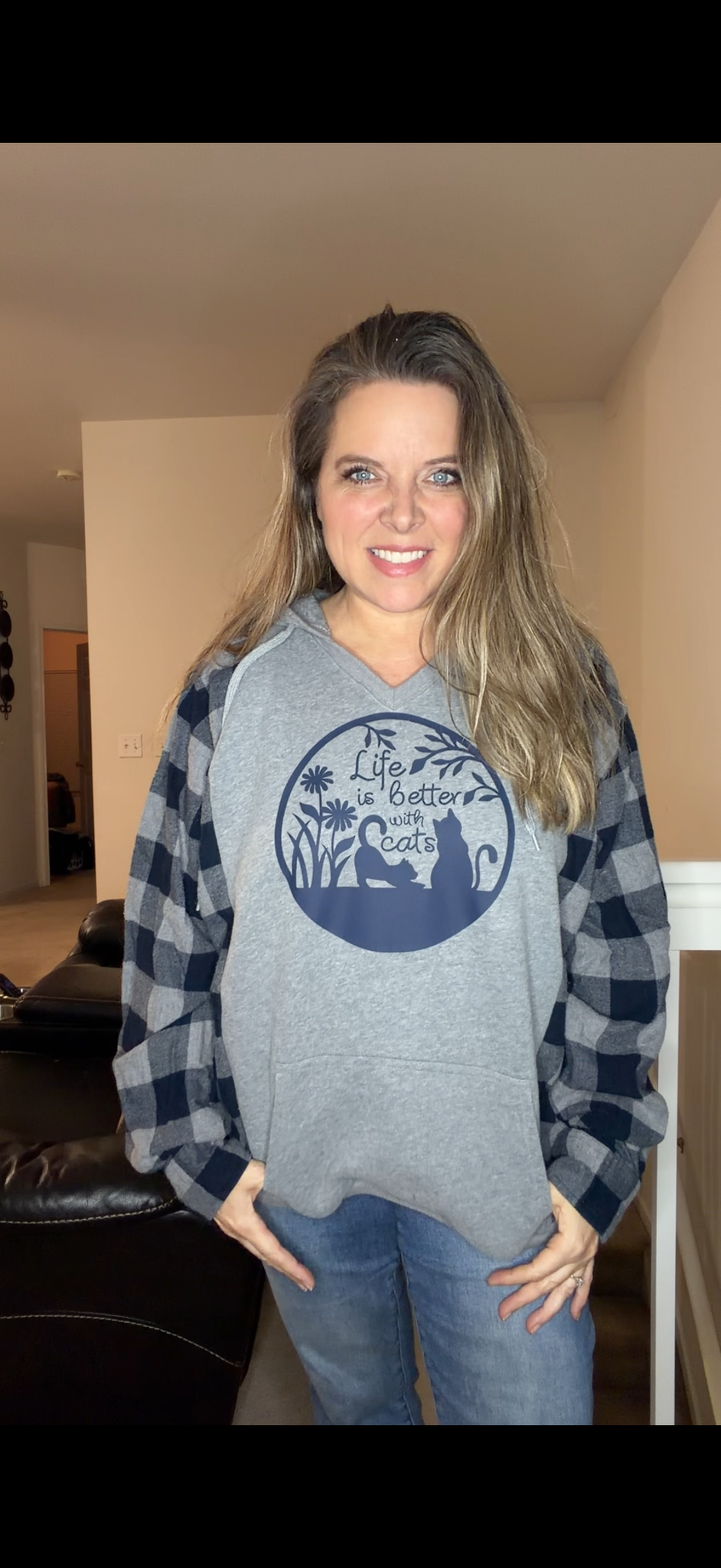 Upcycled Cats - women's 1X midweight sweatshirt with flannel sleeves