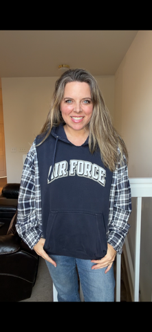 Upcycled Air Force - women's medium/large midweight sweatshirt with flannel sleeves