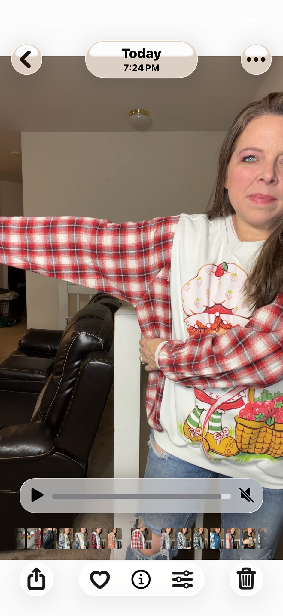Upcycled Strawberry Shortcake – women's medium/large midweight sweatshirt with flannel sleeves ￼