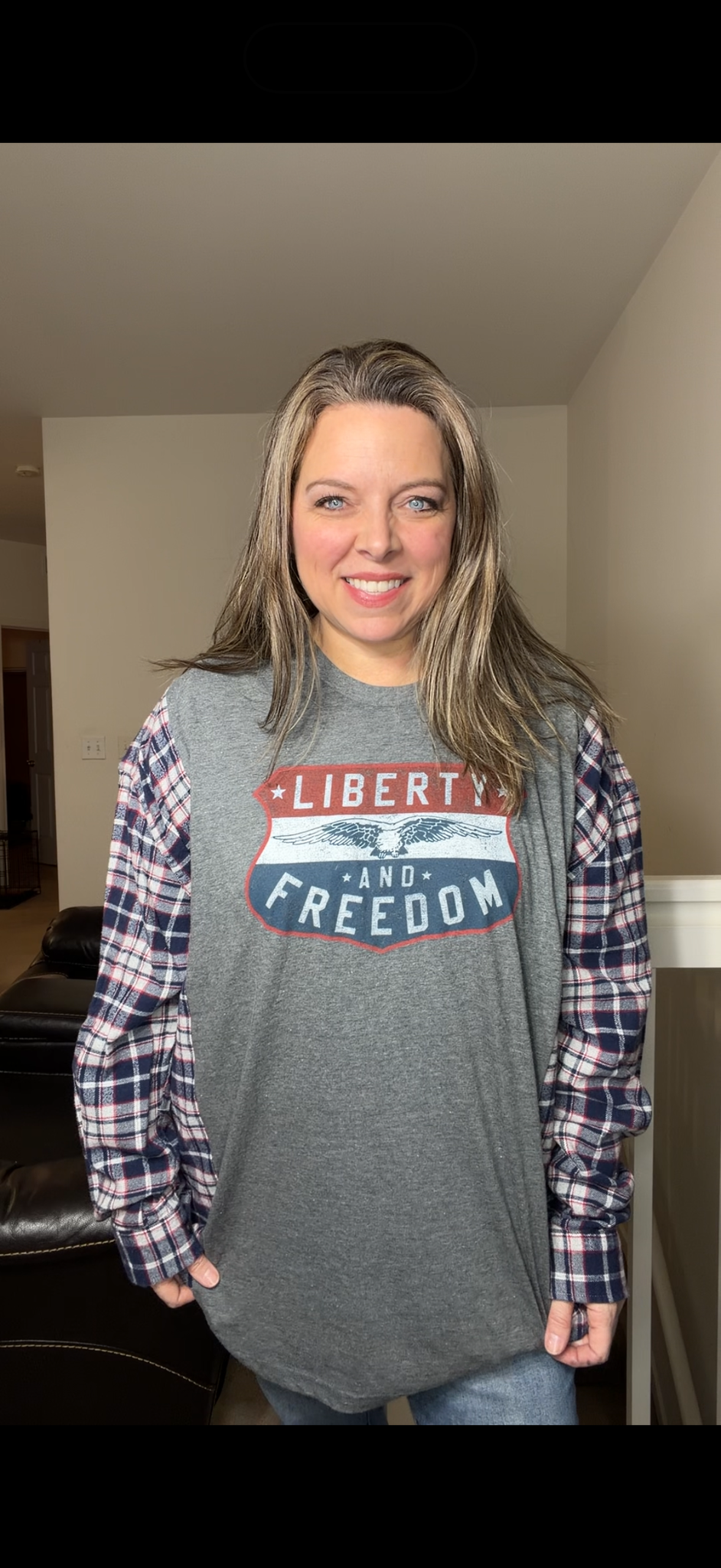Upcycled Liberty - women's 2X T-shirt with flannel sleeves- sleeves more narrow