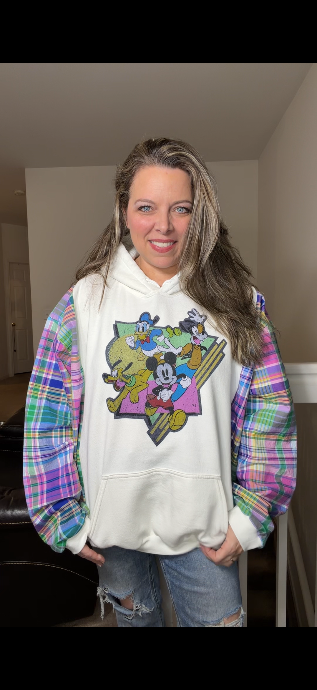 Upcycled Disney - women's 3X/4X midweight sweatshirt with flannel sleeves