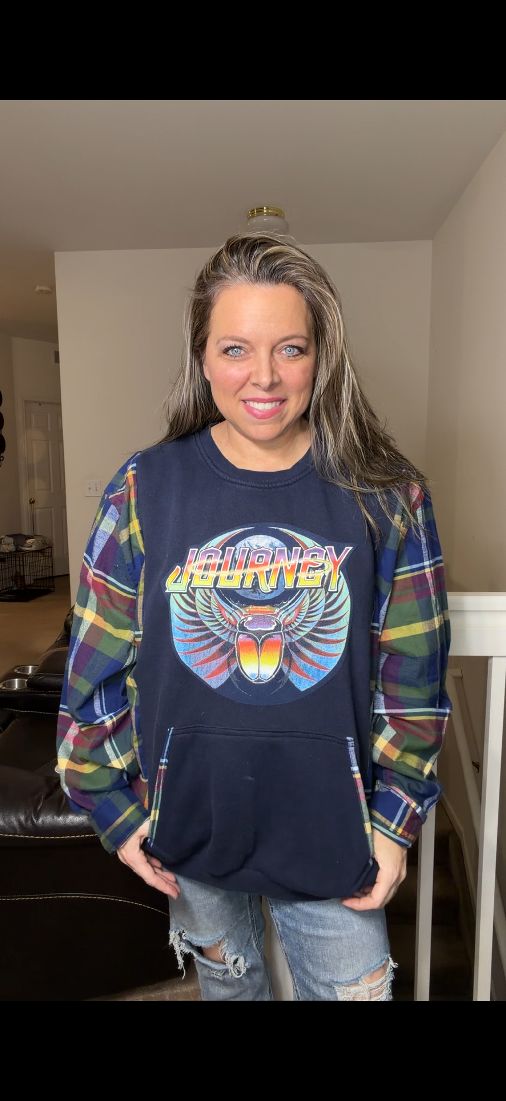 Upcycled Journey – women's 1X/2X midweight sweatshirt with flannel sleeves