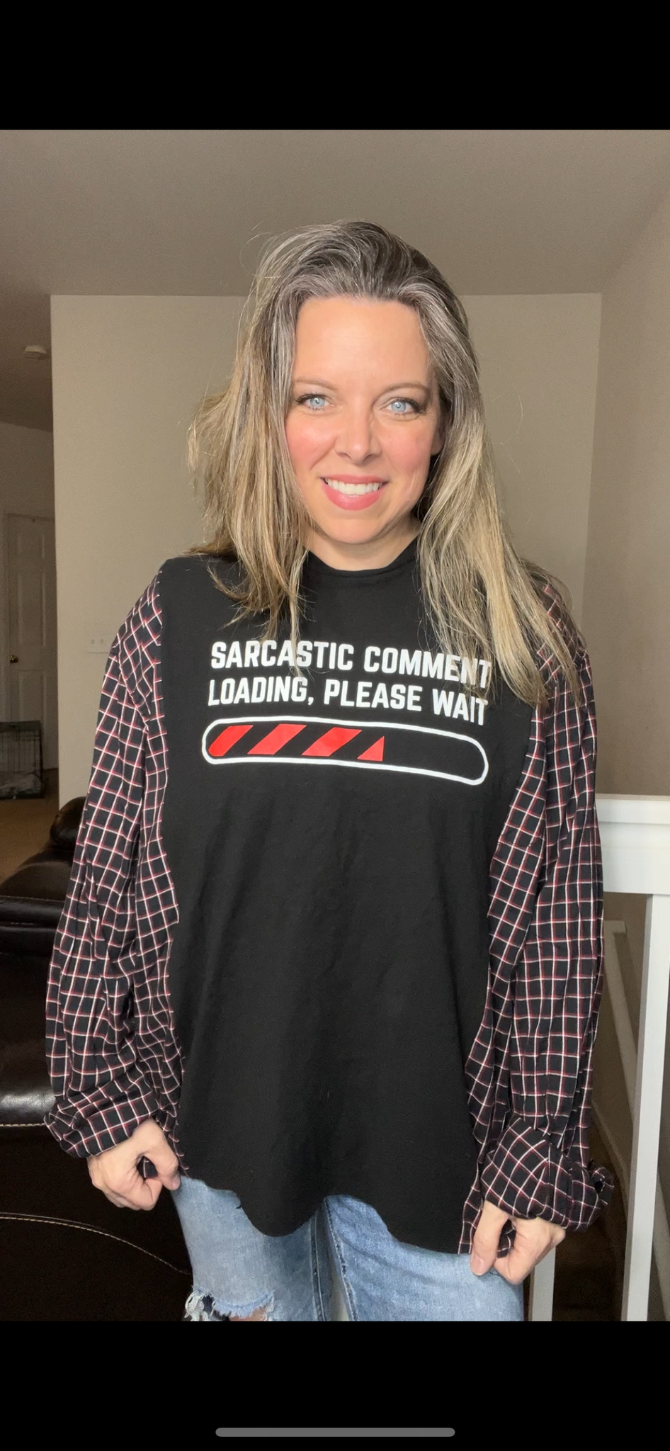 Upcycled Sarcastic – women’s 1X/2X T-shirt with thin flannel sleeves