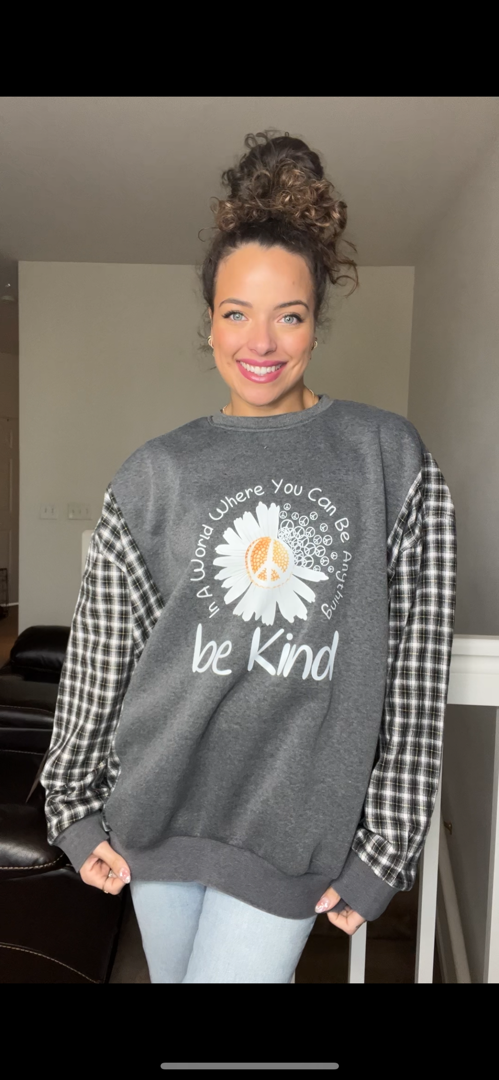 Upcycled Be Kind – women’s 2X/3X – midweight sweatshirt with flannel sleeves ￼