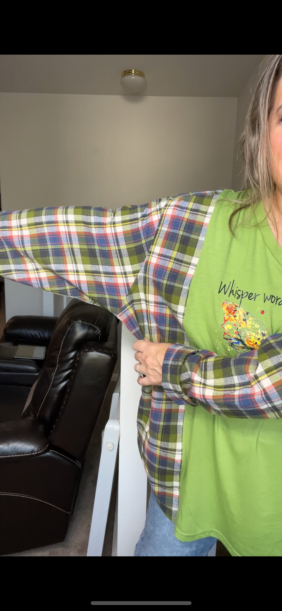 Upcycled Butterfly – women’s 2X/3X thin T-shirt with flannel sleeves