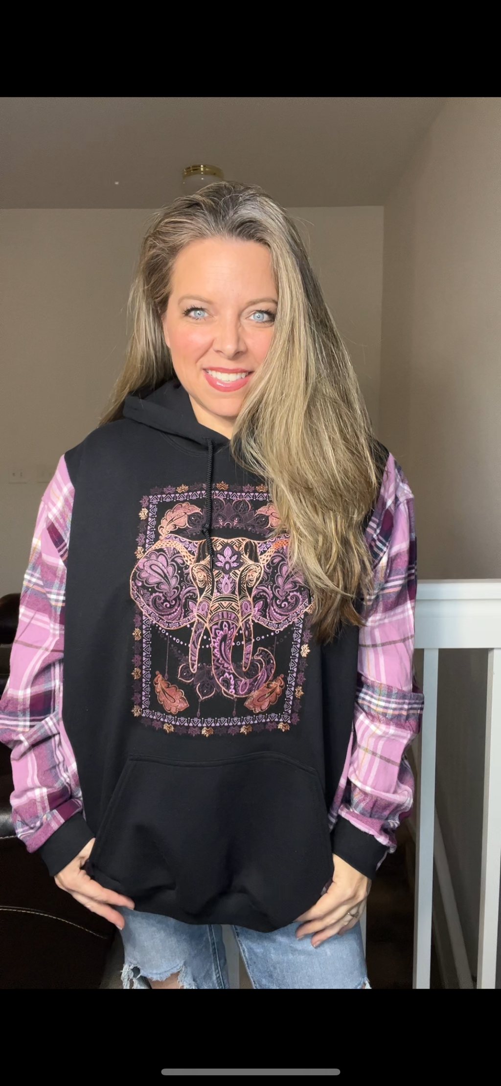 Upcycled Elephant – women’s 3X midweight sweatshirt with flannel sleeves