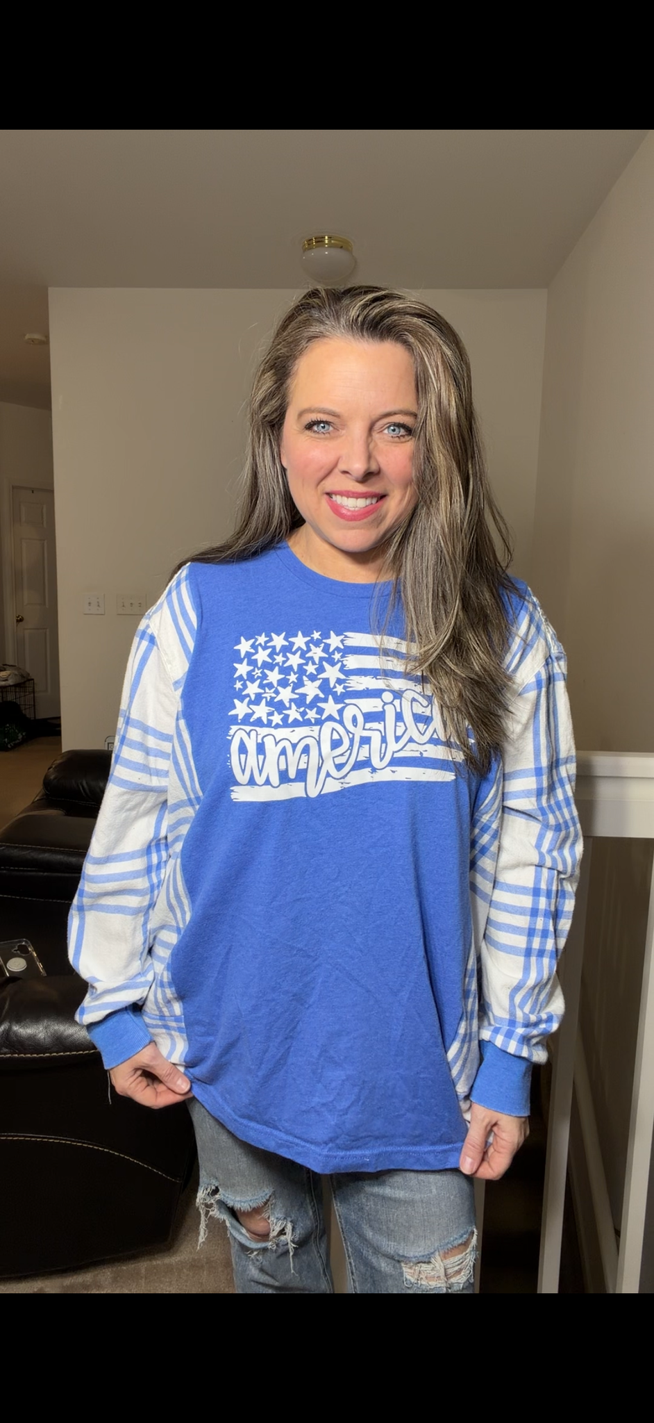Upcycled America – women's 1X T-shirt with flannel sleeves – sleeves, more narrow