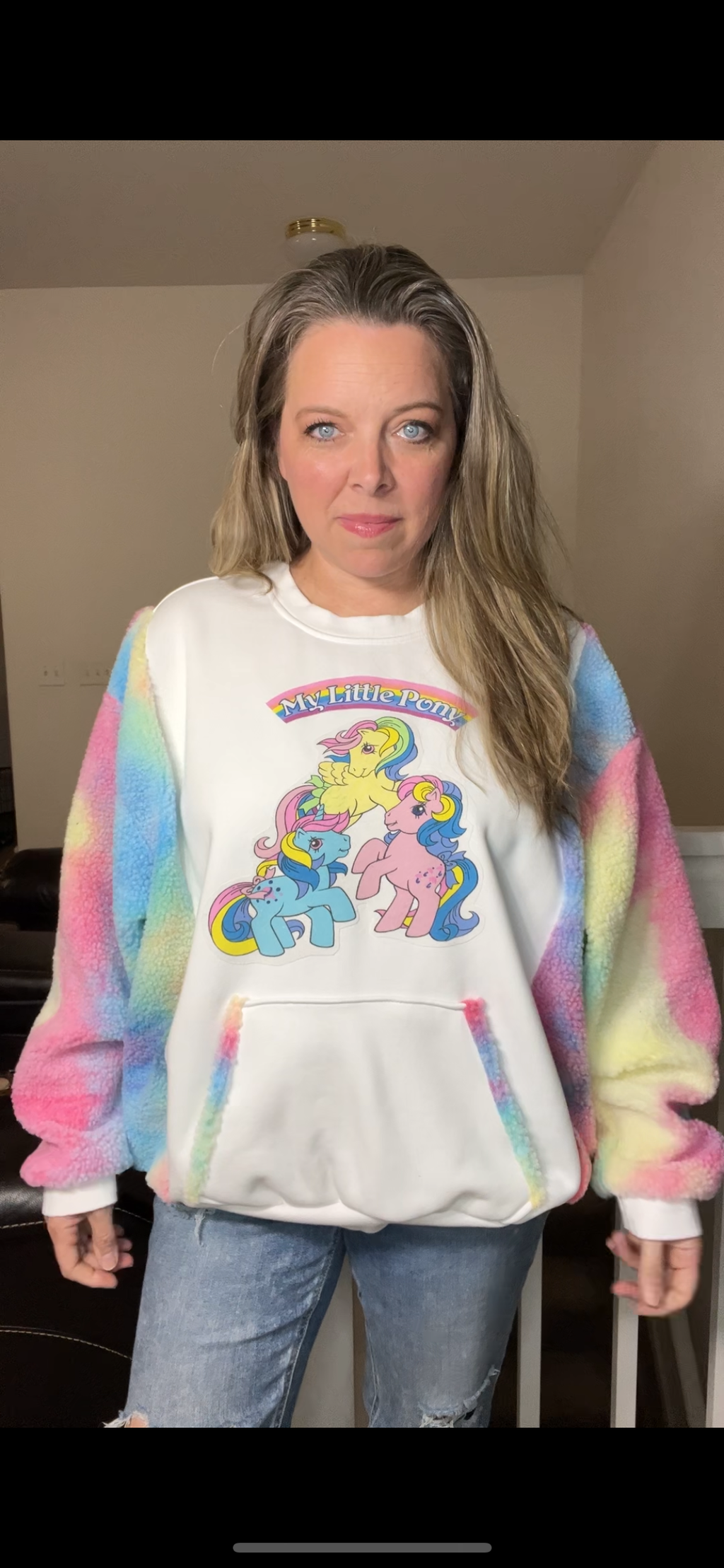 Upcycled My Little Pony – women’s XL/1X thick fleece lined sweatshirt with fleece sleeves