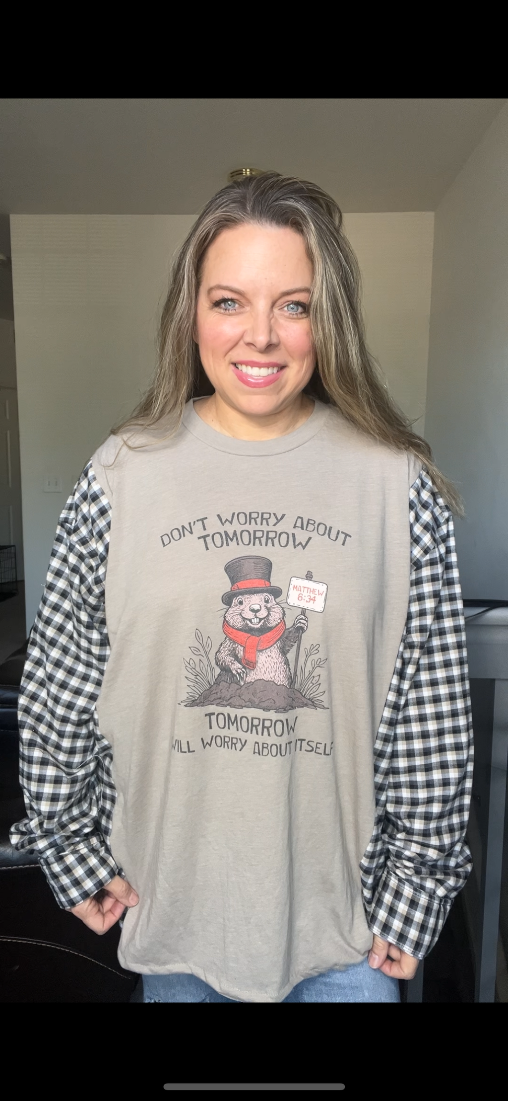Upcycled Groundhog – women’s 4X T-shirt with flannel sleeves