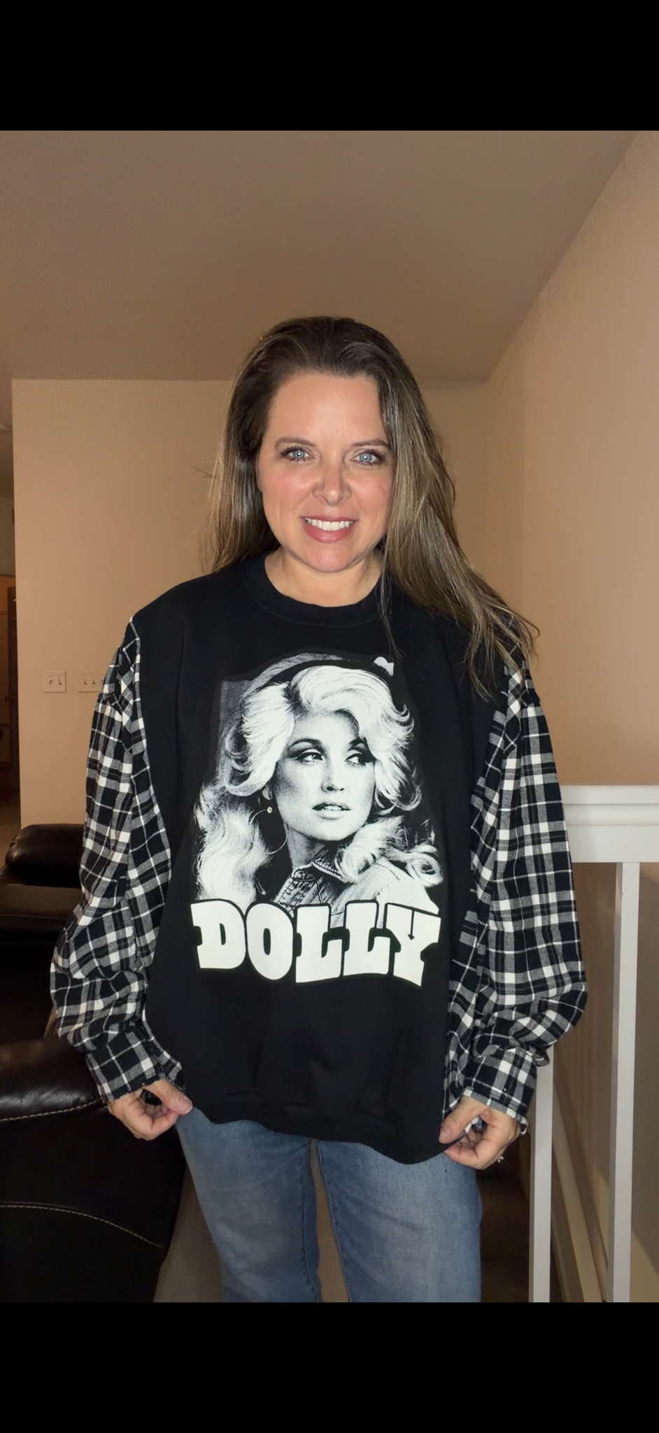 Upcycled Dolly - women's 3X midweight Sweatshirt with flannel sleeves