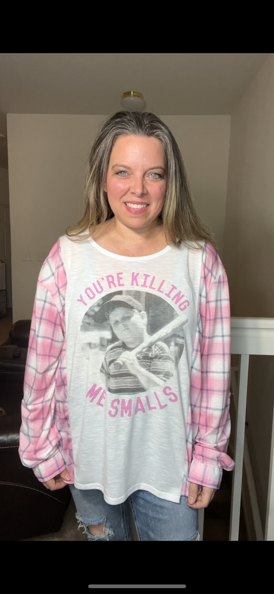 Upcycled Smalls – women’s 2X/3X – very thin T-shirt with thin stretchy flannel sleeves