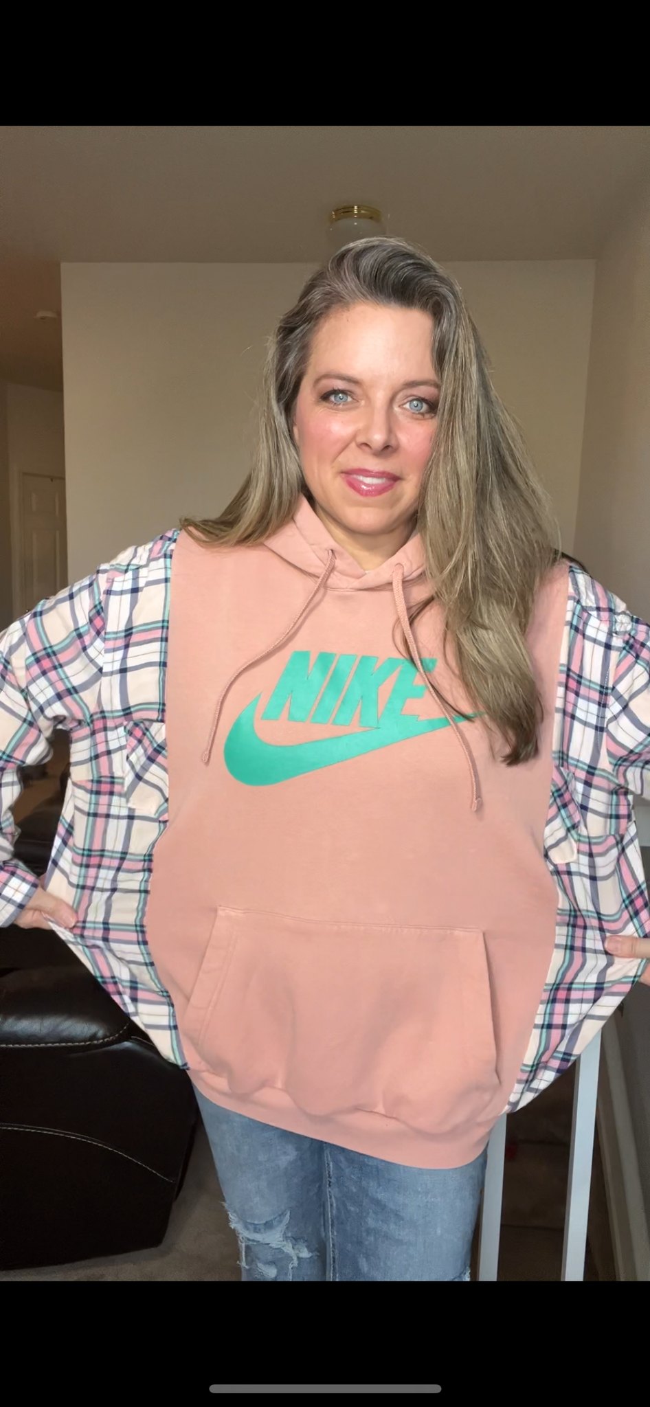 Upcycled Peach￼ Nike - Women’s XL/1X – midweight sweatshirt with thin flannel sleeves – no cuffs available￼