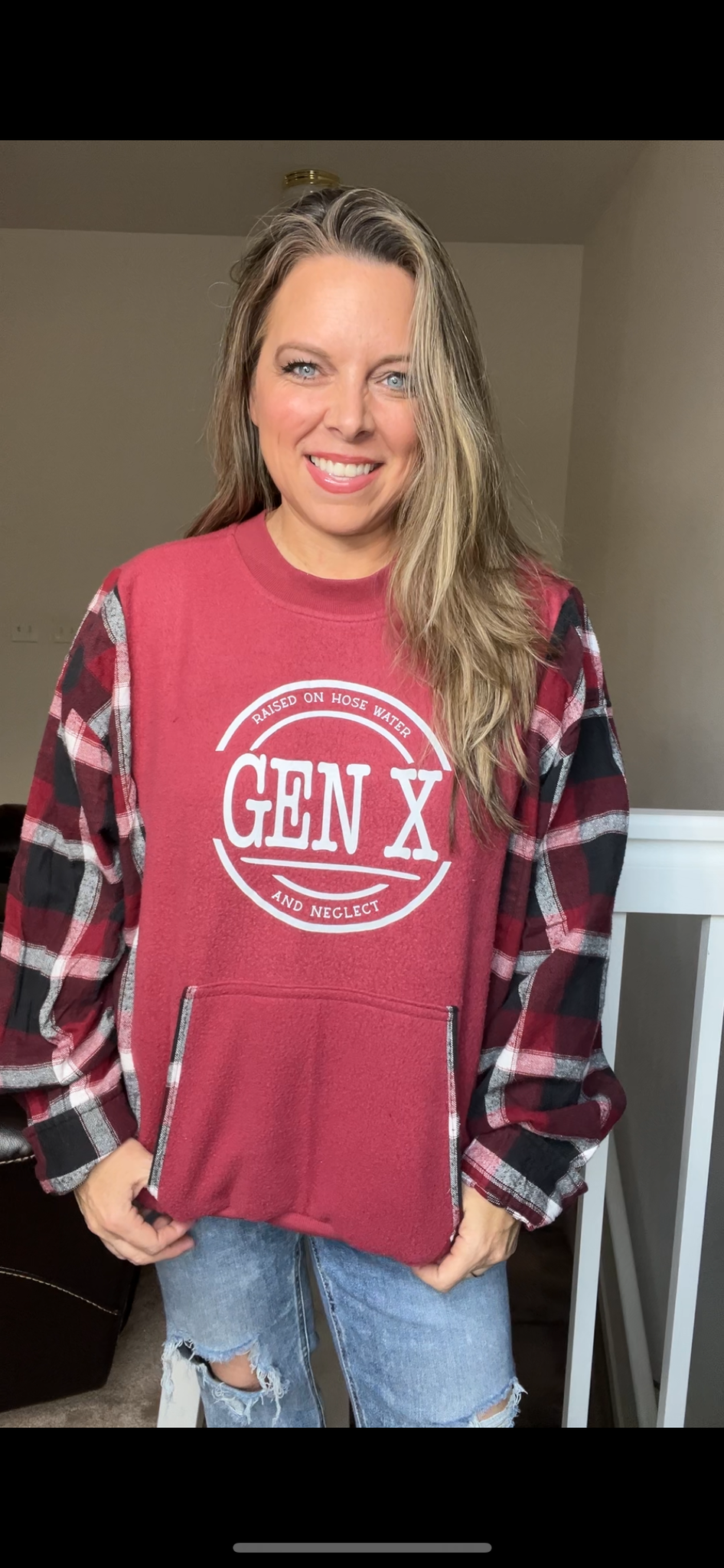 Upcycled Gen X burgundy - womans 1X midweight sweatshirt with flannel sleeves