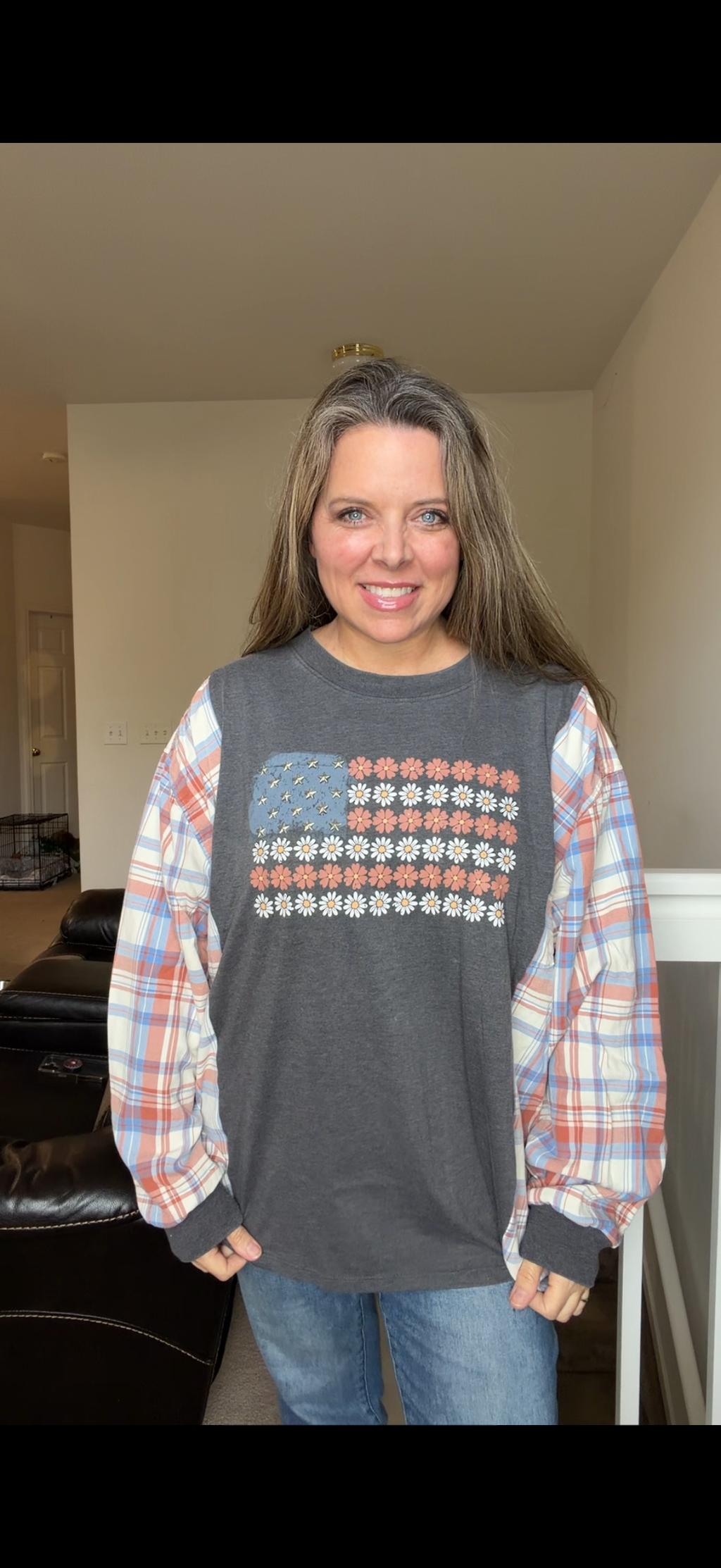 Upcycled Flag - women's 2X/3X T-shirt with flannel sleeves