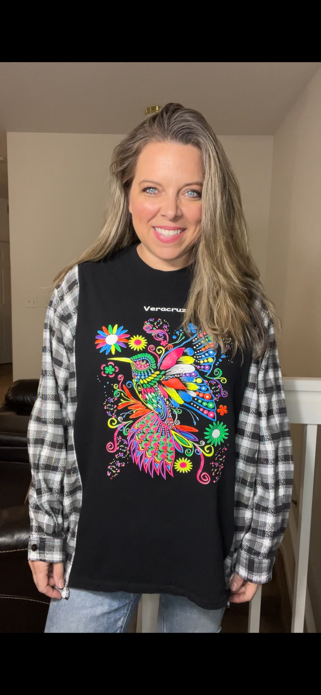 Upcycled Hummingbird – women’s large/XL T-shirt with cotton sleeves