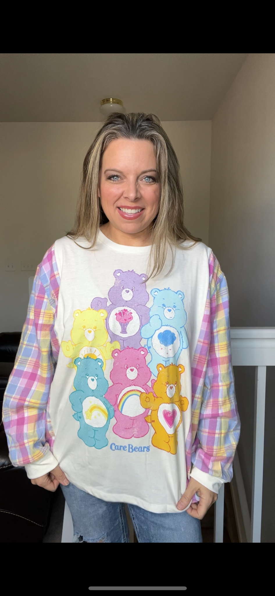 Upcycled Carebear – women’s 1X/2X T-shirt with flannel sleeves