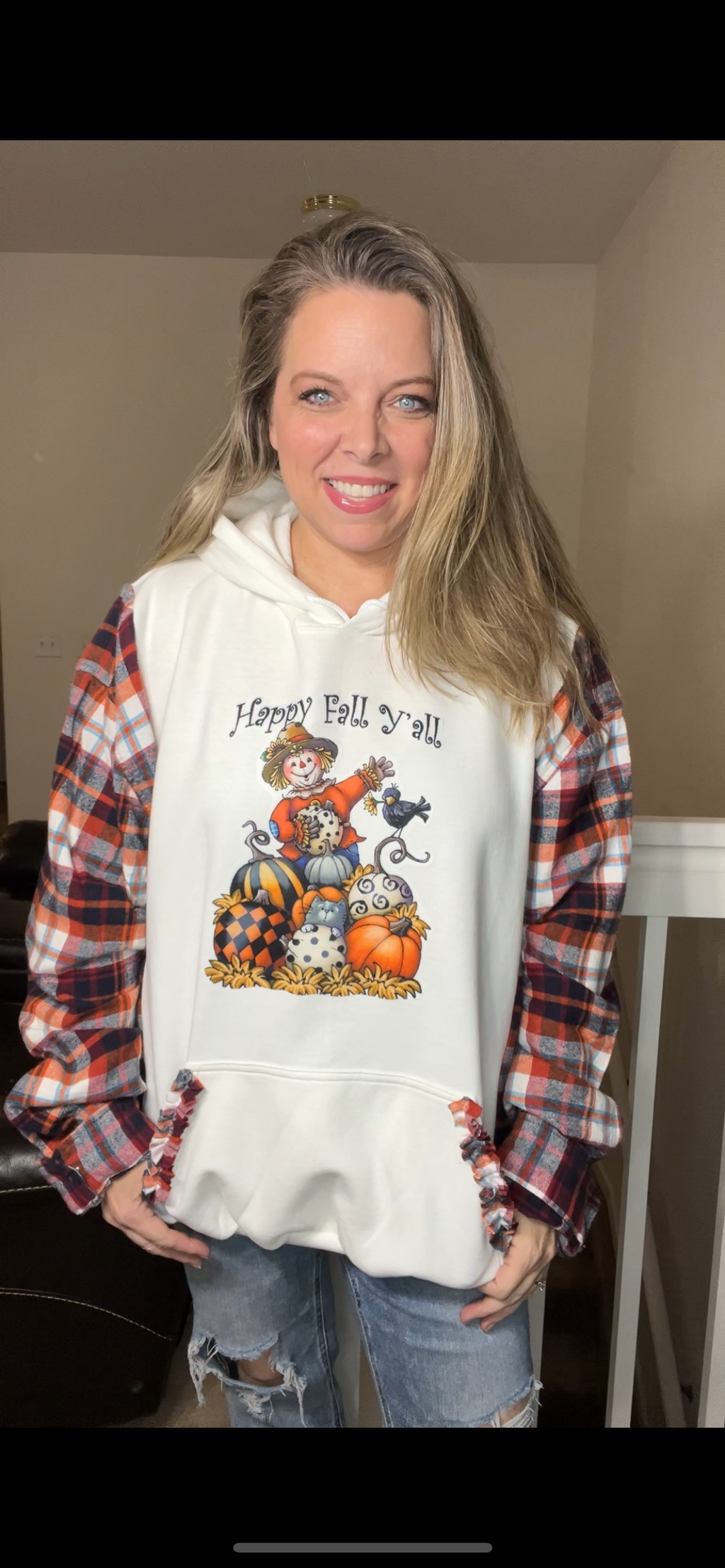 Upcycled Fall y’all – women’s 3X4X midweight sweatshirt with flannel sleeves