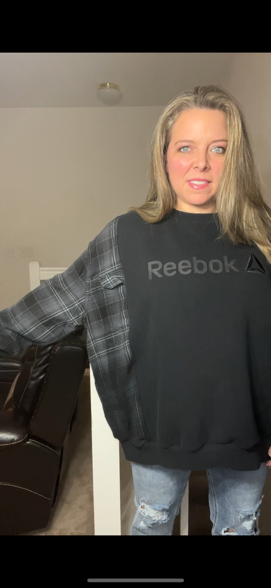 Upcycled Reebok Black – women’s one X – midweight sweatshirt with flannel sleeves ￼