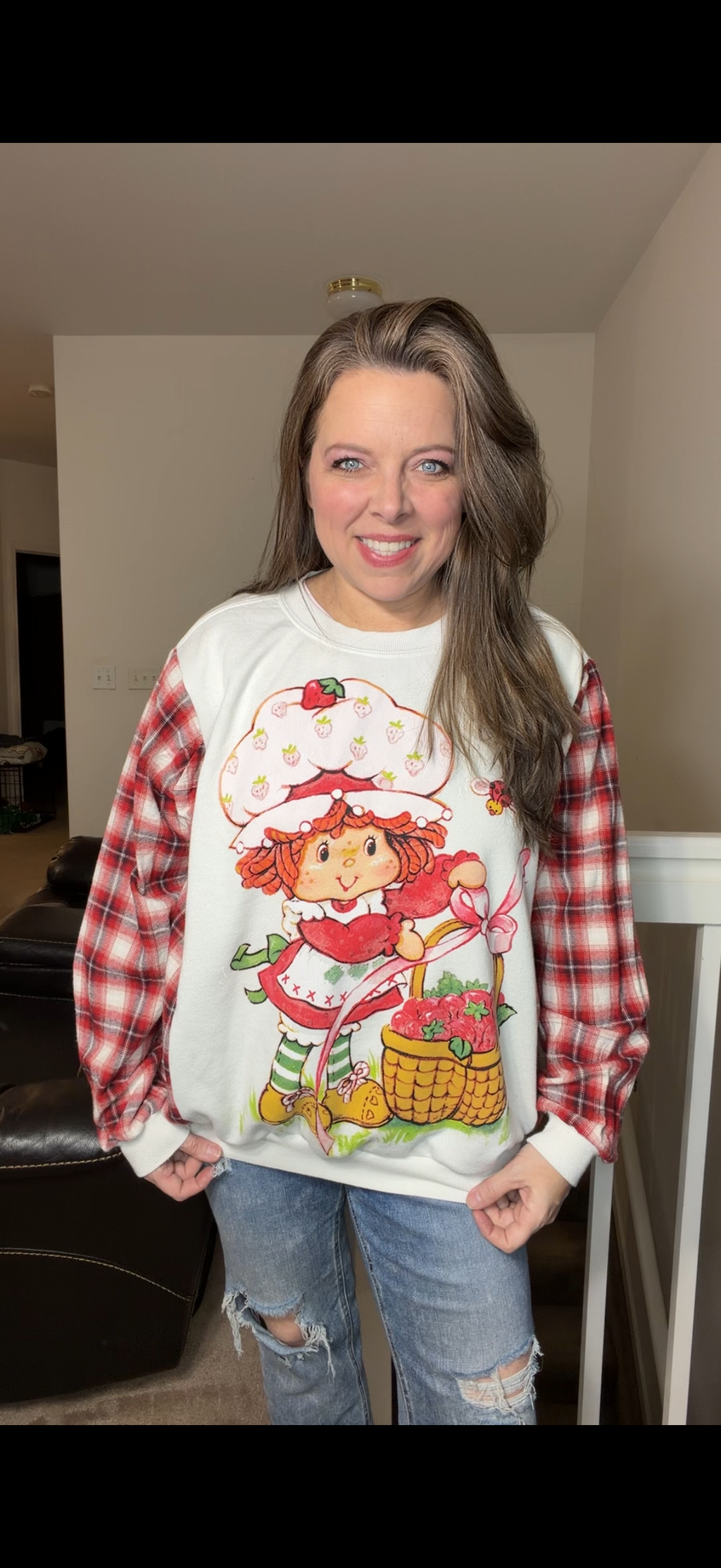 Upcycled Strawberry Shortcake – women's medium/large midweight sweatshirt with flannel sleeves ￼