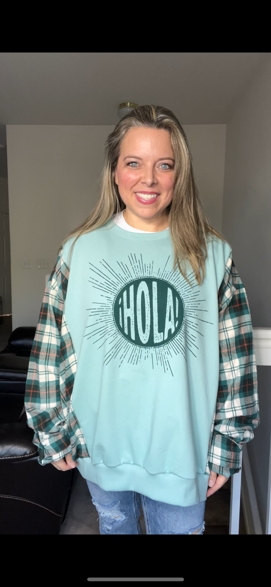 Upcycled Hola - women’s 3X – thin French Terry sweatshirt with flannel sleeves ￼