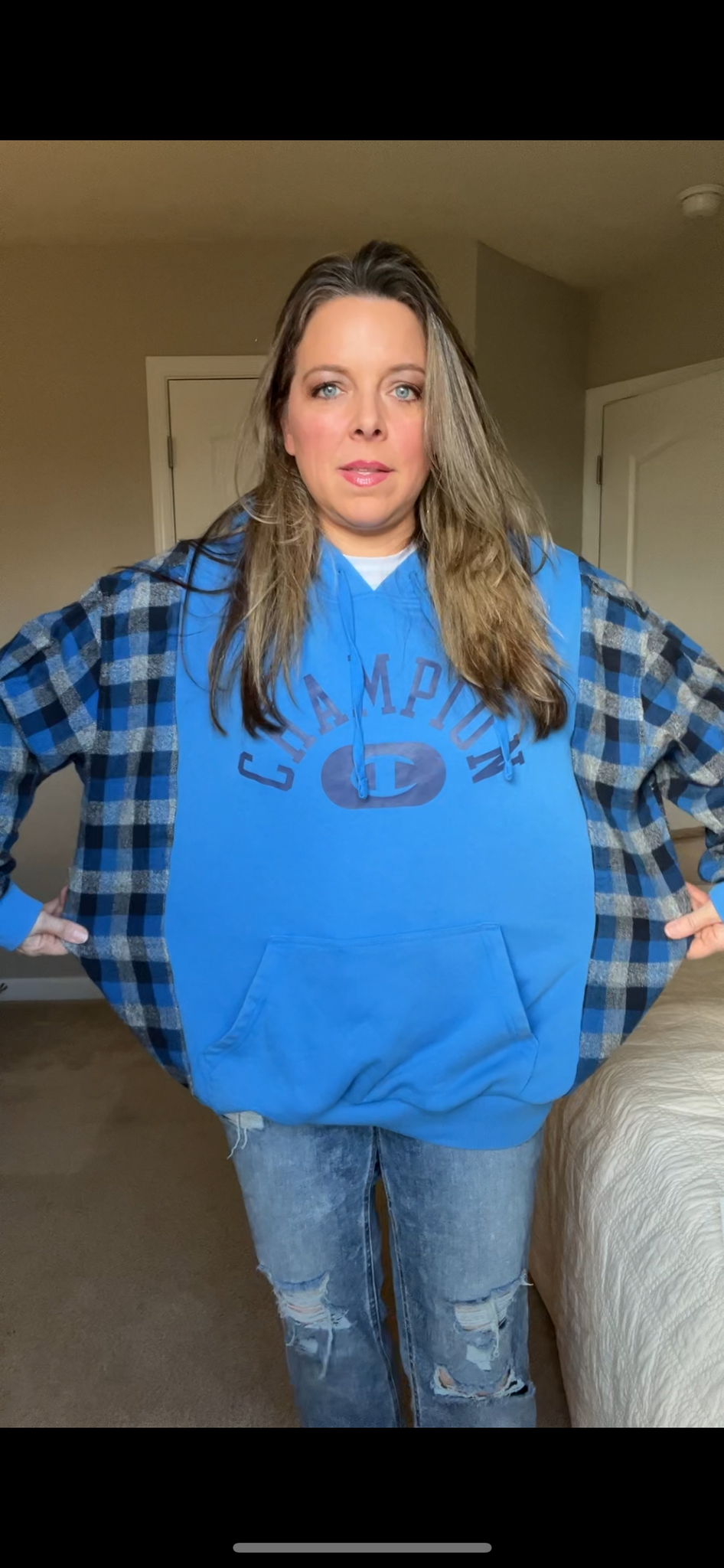 Upcycled Blue Champion - women’s XL/1X – midweight sweatshirt with flannel sleeves