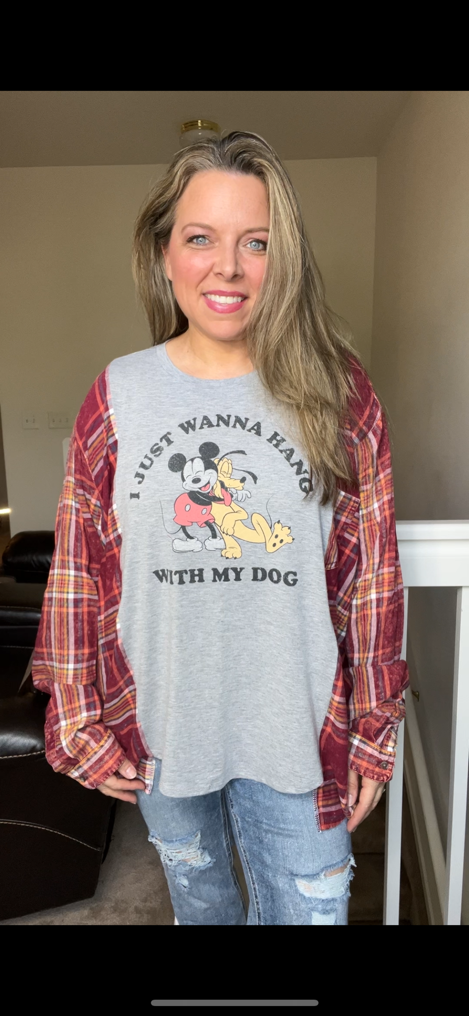 Upcycled Mickey Dog – women’s XL/1X T-shirt with thin flannel sleeves￼