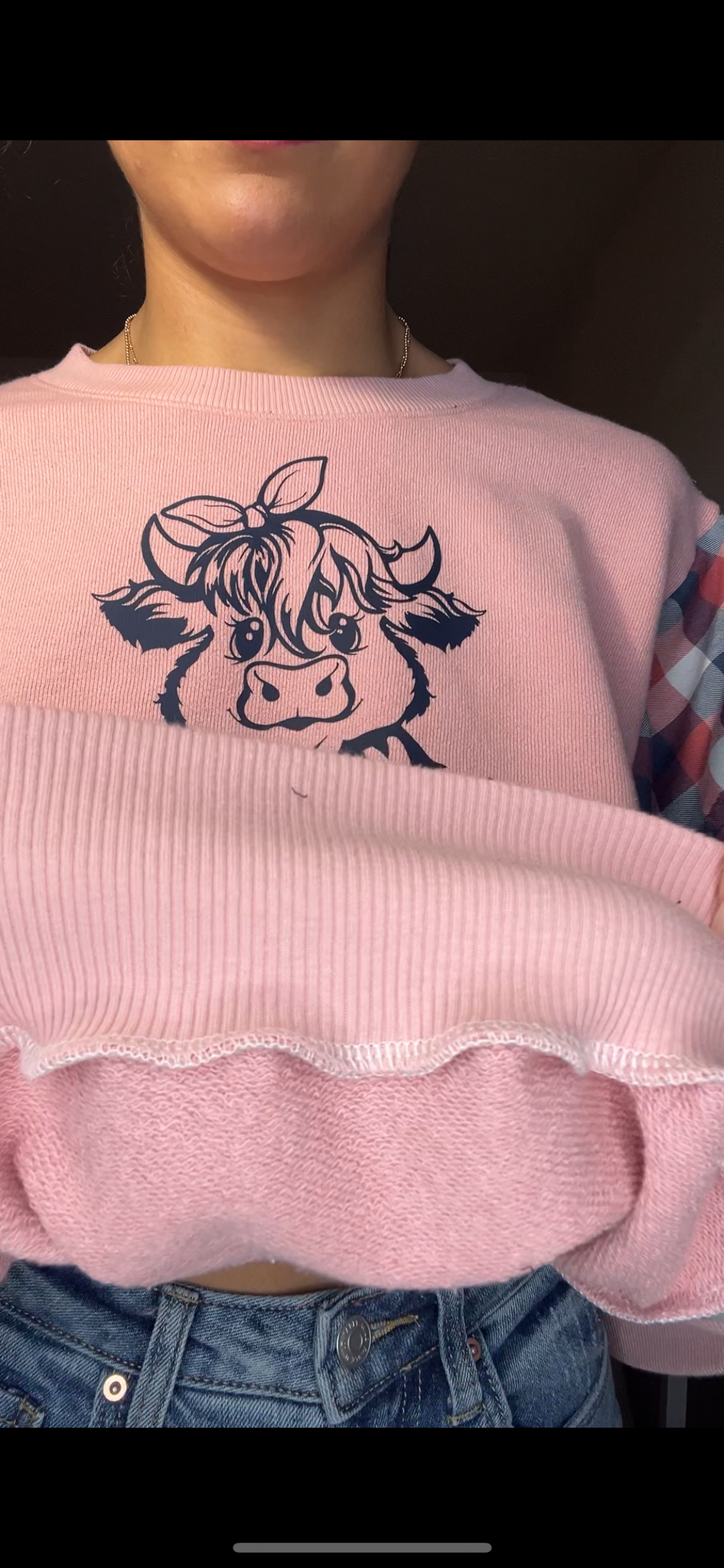 Upcycled Cow - women’s medium – thin sweatshirt with thin flannel sleeves ￼