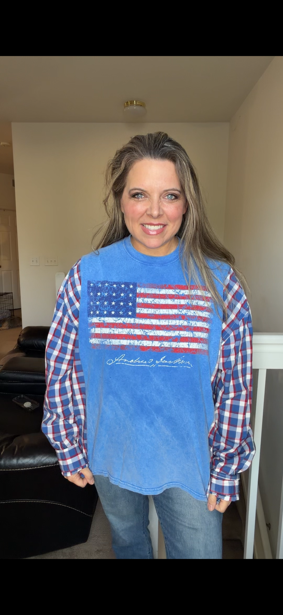 Upcycled Flag - women's large T-shirt with cotton sleeves