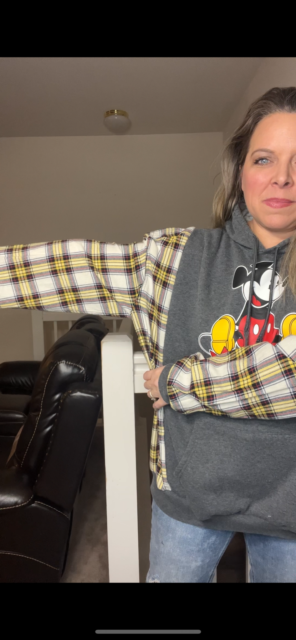 Upcycled Mickey – women’s 2X – midweight sweatshirt with flannel sleeves