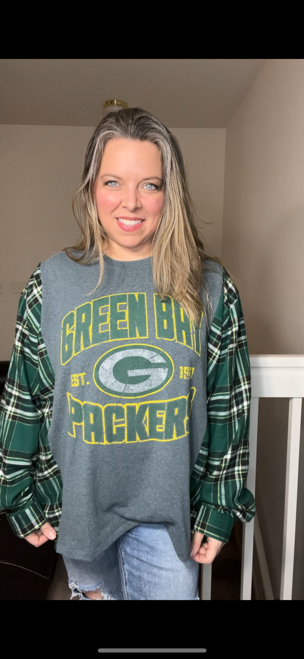 Upcycled Green bay – women’s 3X T-shirt with thin flannel sleeves