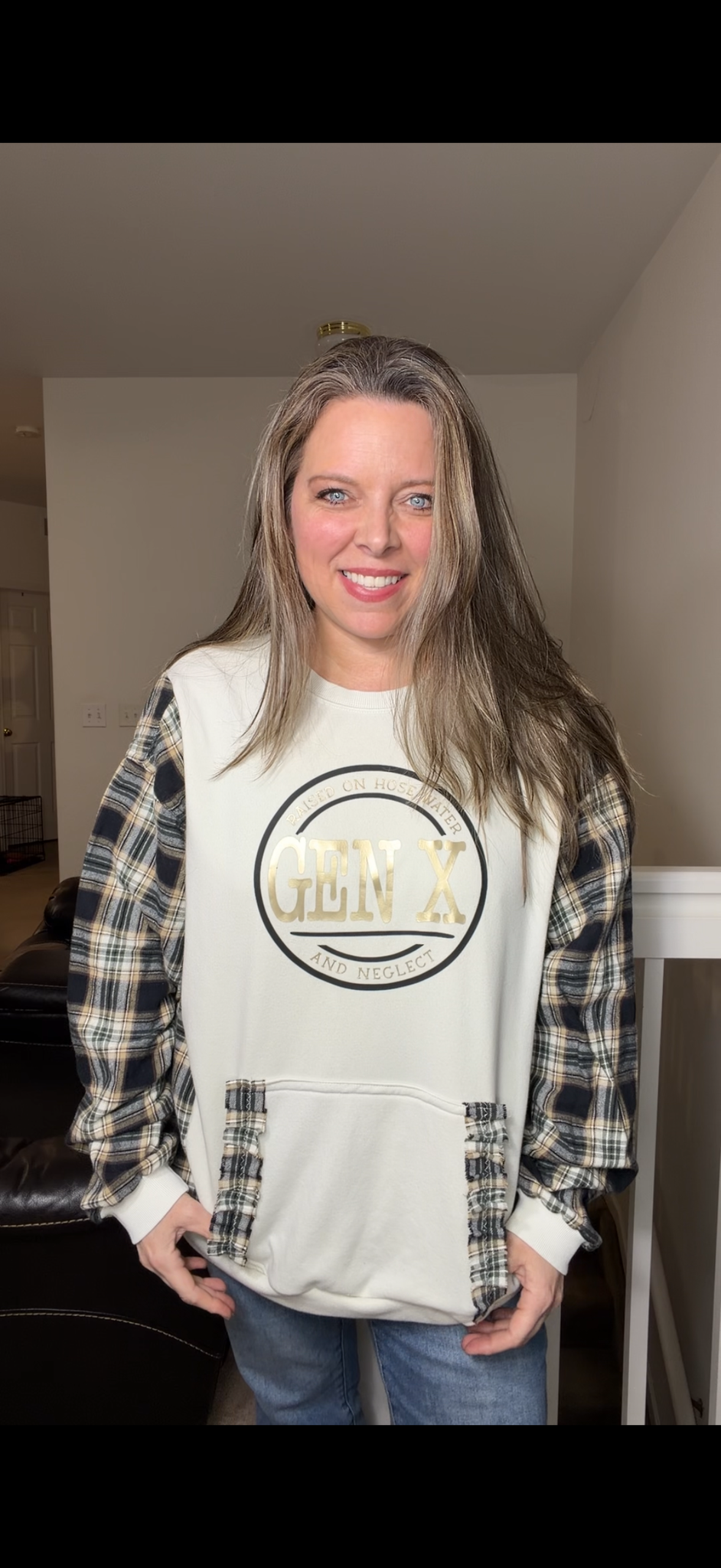 Upcycled Gen X - women's 3X midweight sweatshirt with flannel sleeves