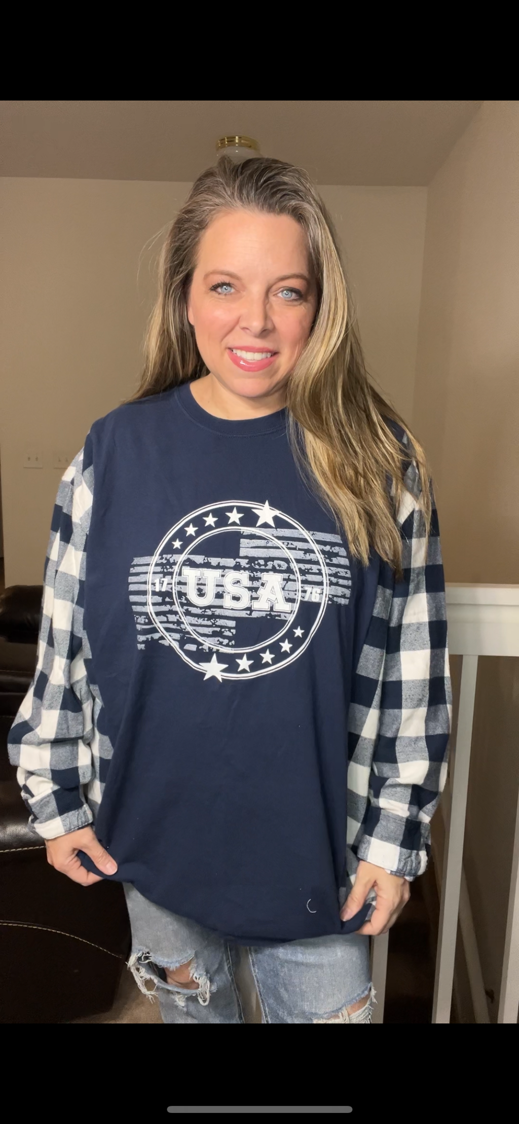 Upcycled USA – women’s 3X T-shirt with flannel sleeves