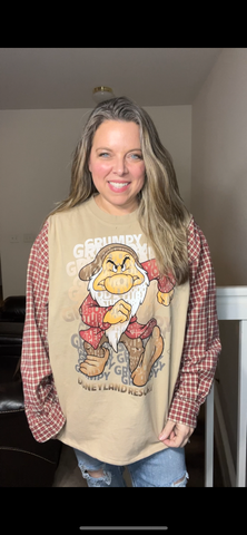 Upcycled Grumpy – woman’s 2X long – T-shirt with flannel sleeves