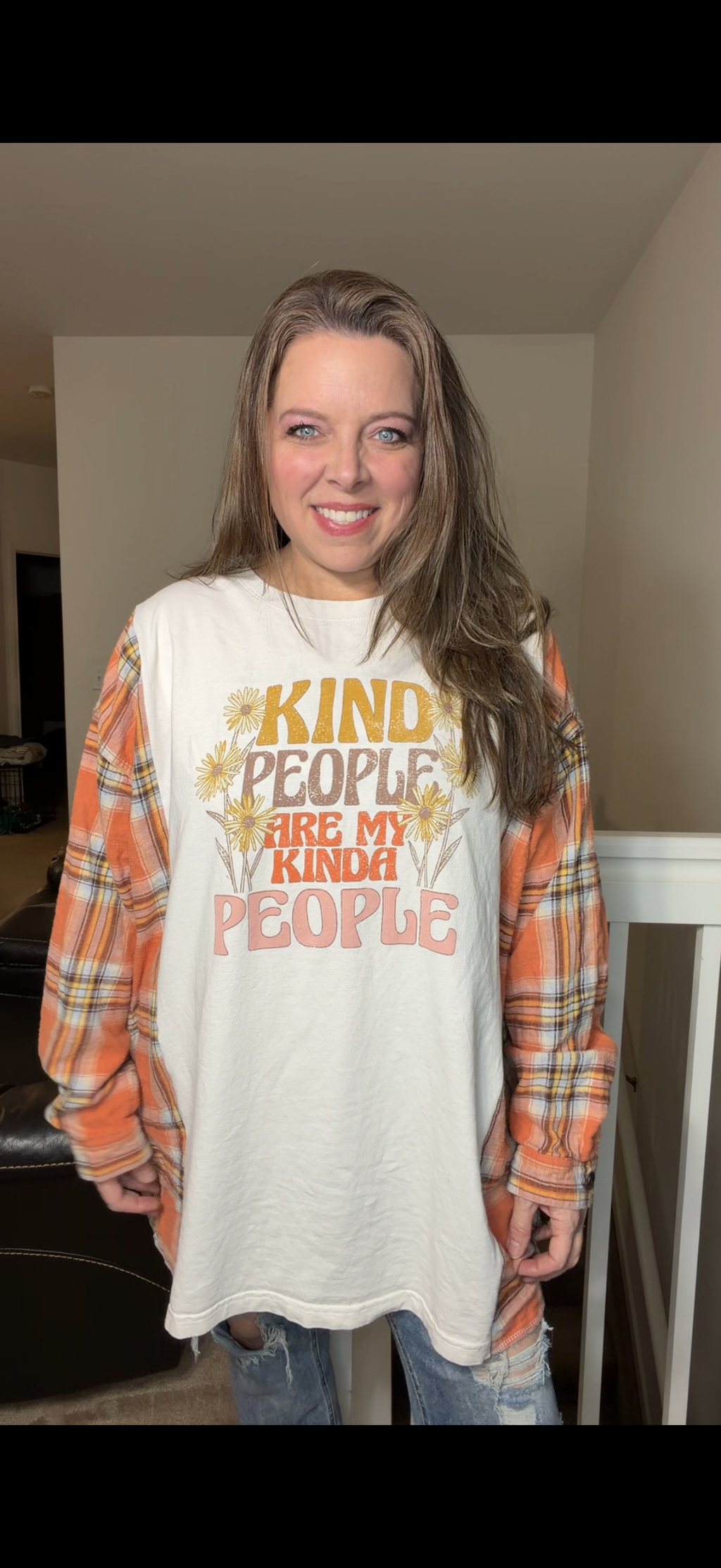 Upcycled Kind People - women's 2X long T-shirt with flannel sleeves