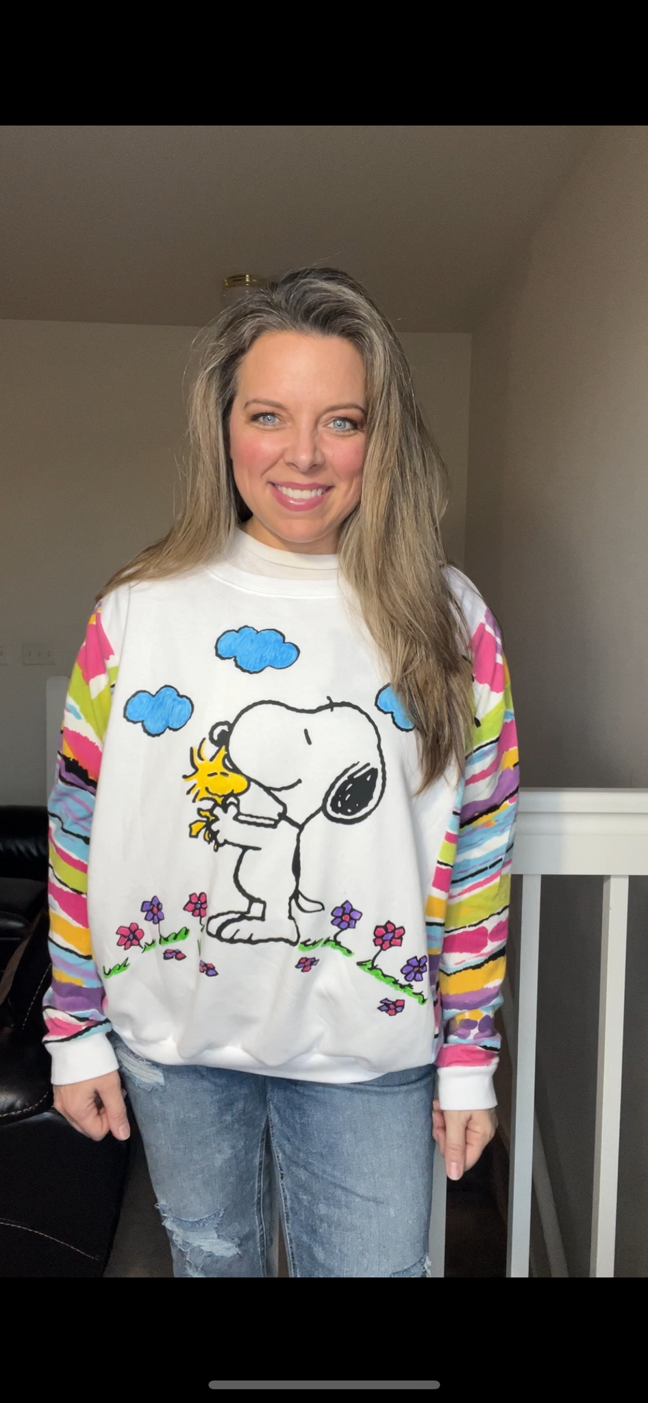 Upcycled Snoopy - Woman’s large – thin sweatshirt with fitted stretchy cotton sleeves￼ ￼