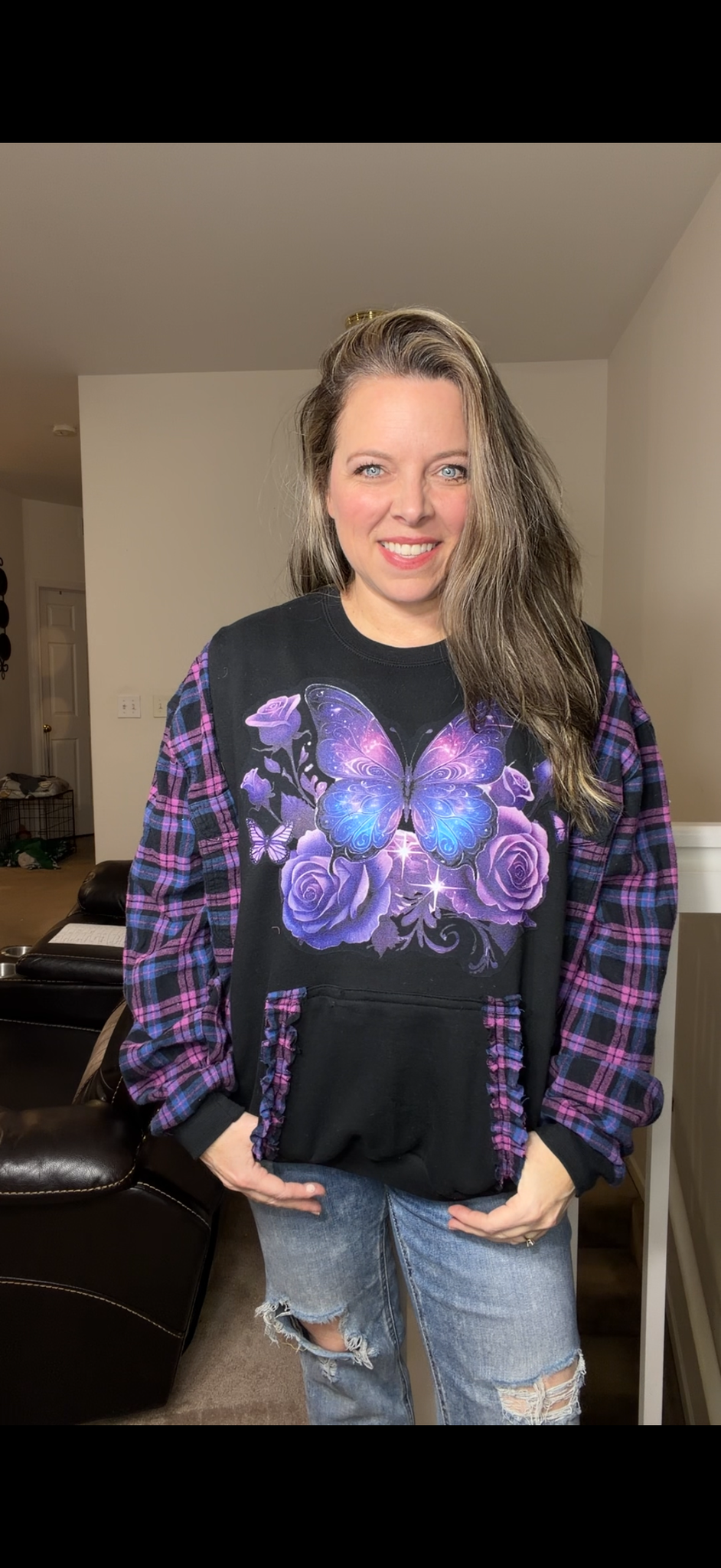 Upcycled Purple Butterfly – women's XL midweight sweatshirt with flannel sleeves