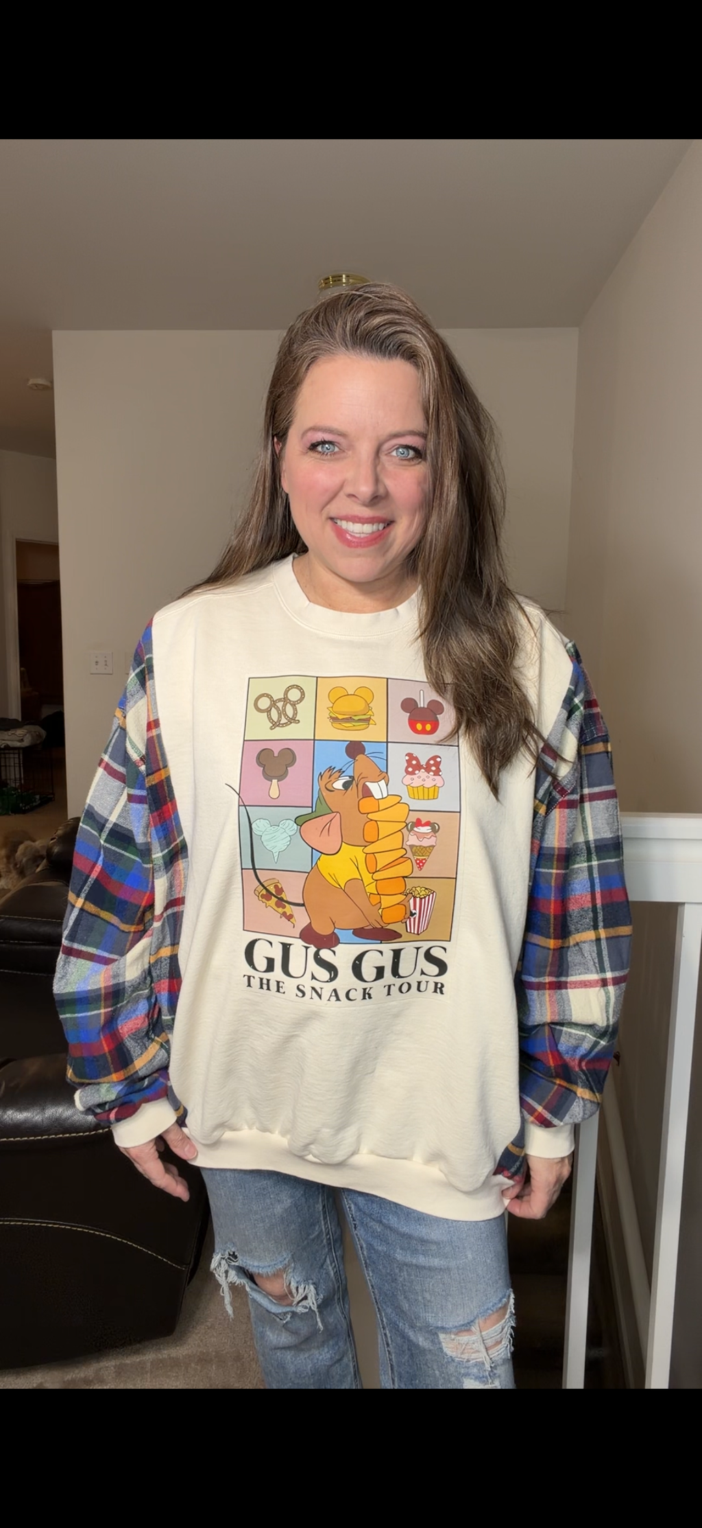 Upcycled Gus Gus - women's 3X midweight sweatshirt with flannel sleeves ￼