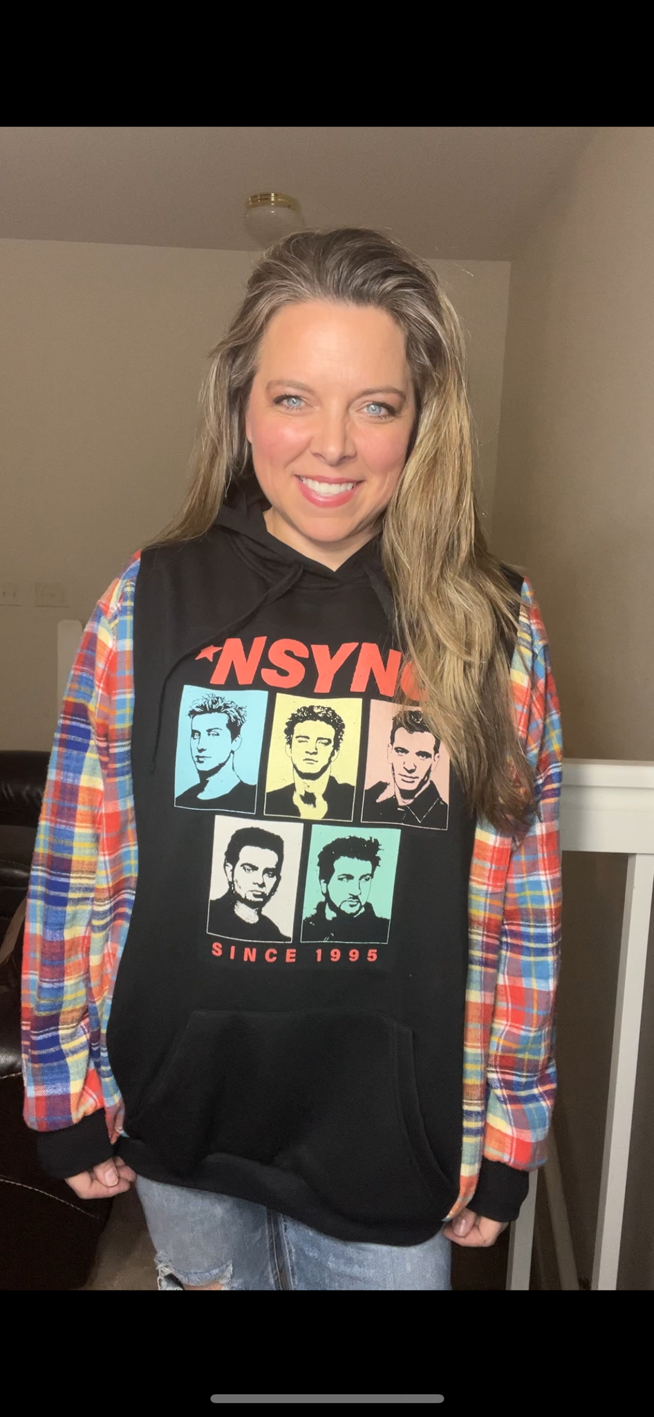 Upcycled NSYNC - women’s 1X/2X – midweight sweatshirt with flannel sleeves