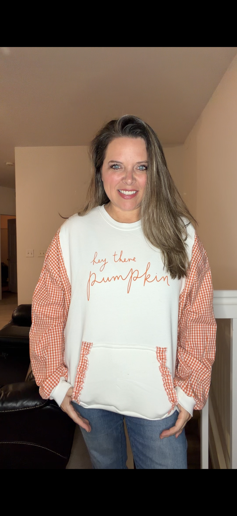 Upcycled Hey Pumpkin - women's XL midweight sweatshirt with cotton sleeves