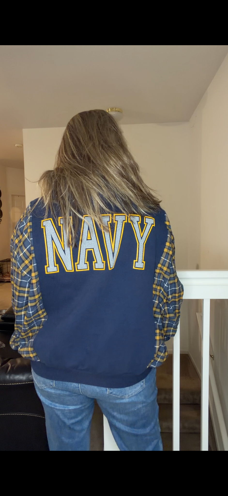 Upcycled Navy - women's medium midweight sweatshirt with flannel sleeves