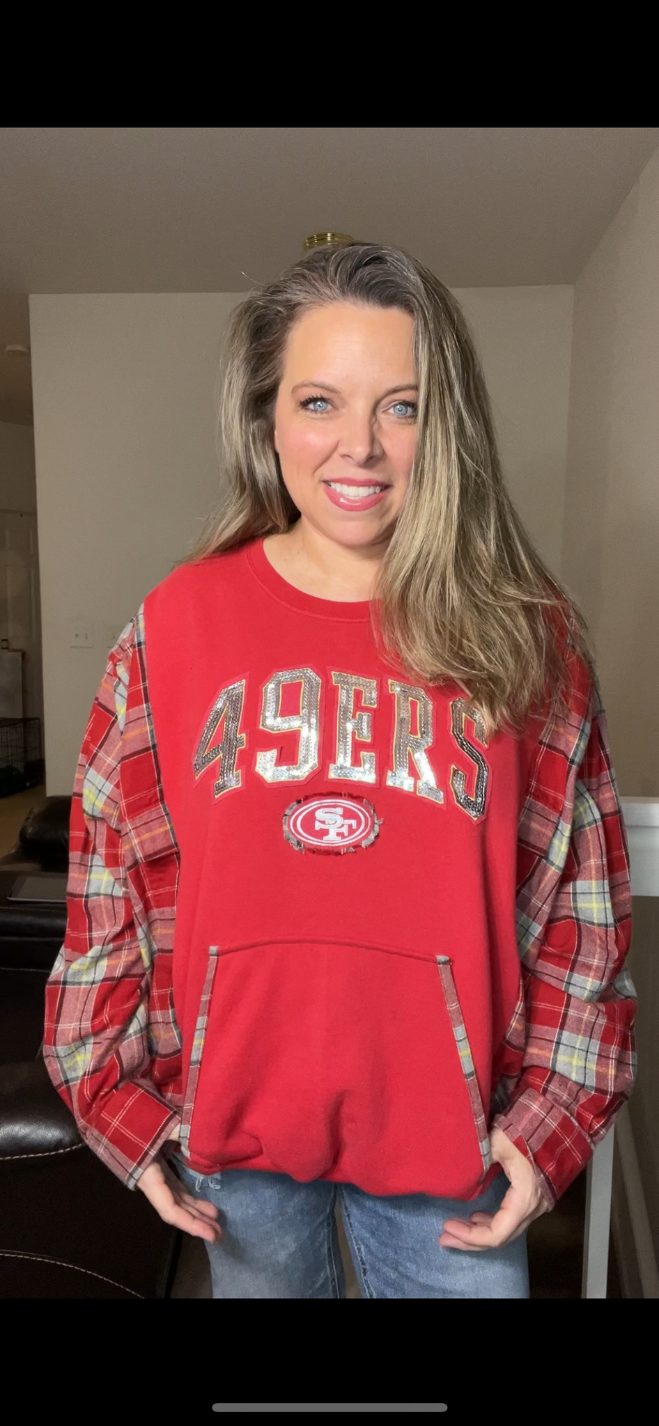 Upcycled ￼49ers - Women’s 2X midweight sweatshirt with flannel sleeves