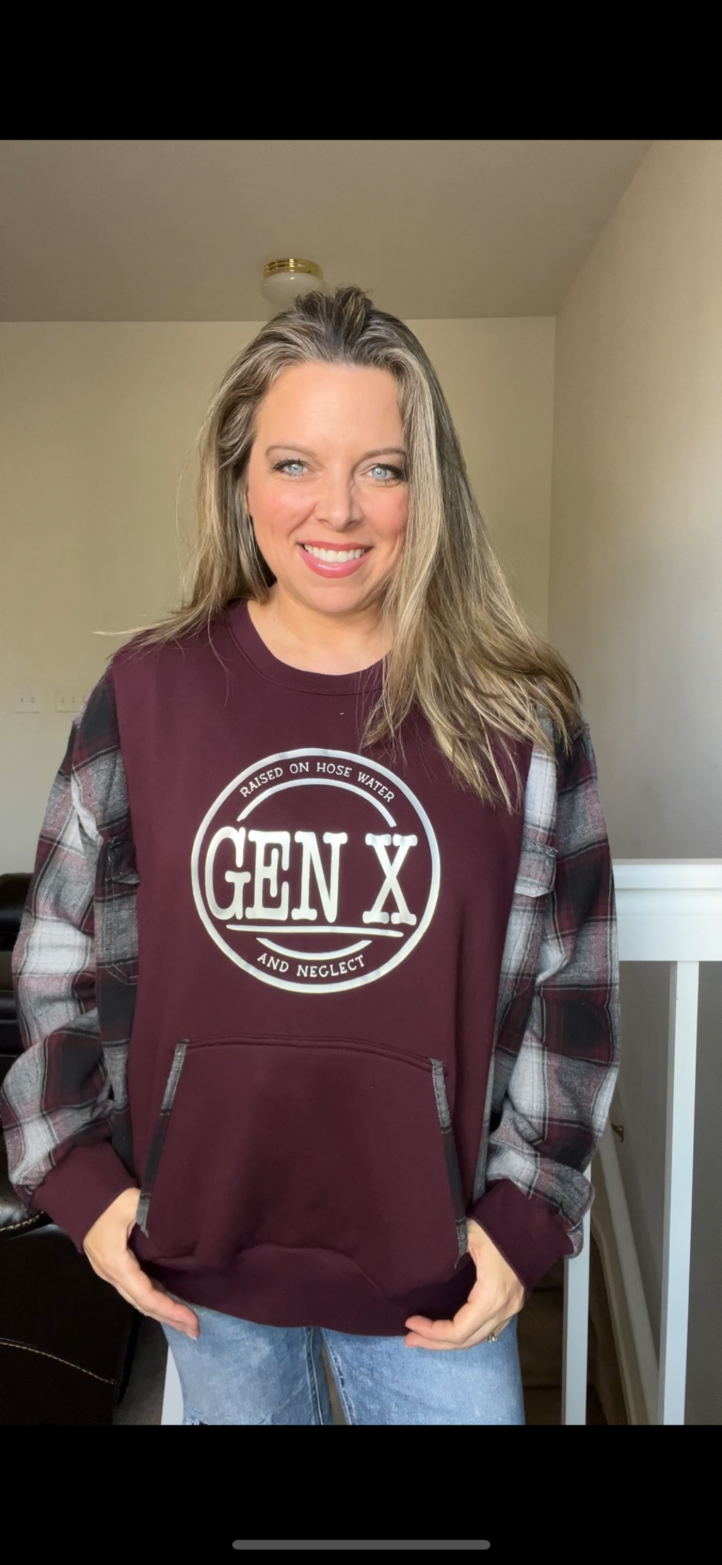 Upcycled Gen X maroon – women’s 1X/2X midweight sweatshirt with flannel sleeves
