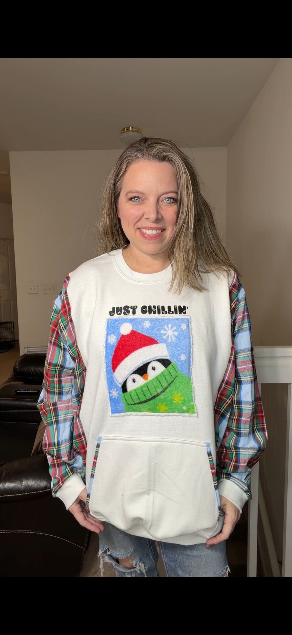 Upcycled Chillin Penguin - women's 3X midweight sweatshirt with flannel sleeves