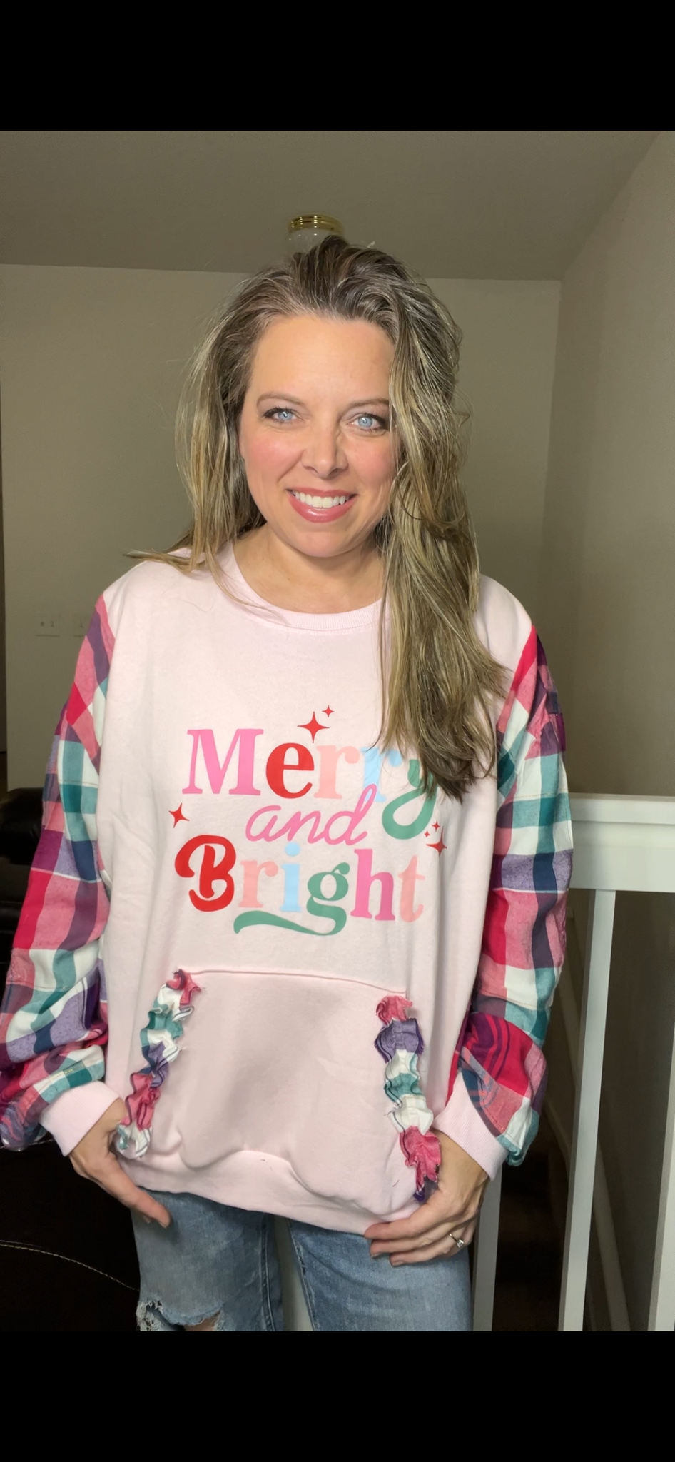 Upcycled Merry and bright – women’s 2X midweight sweatshirt with thin flannel sleeves