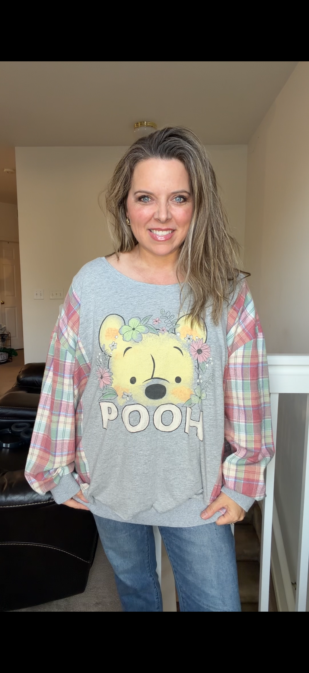 Upcycled Pooh - women's 3X/4X T-shirt with flannel sleeves