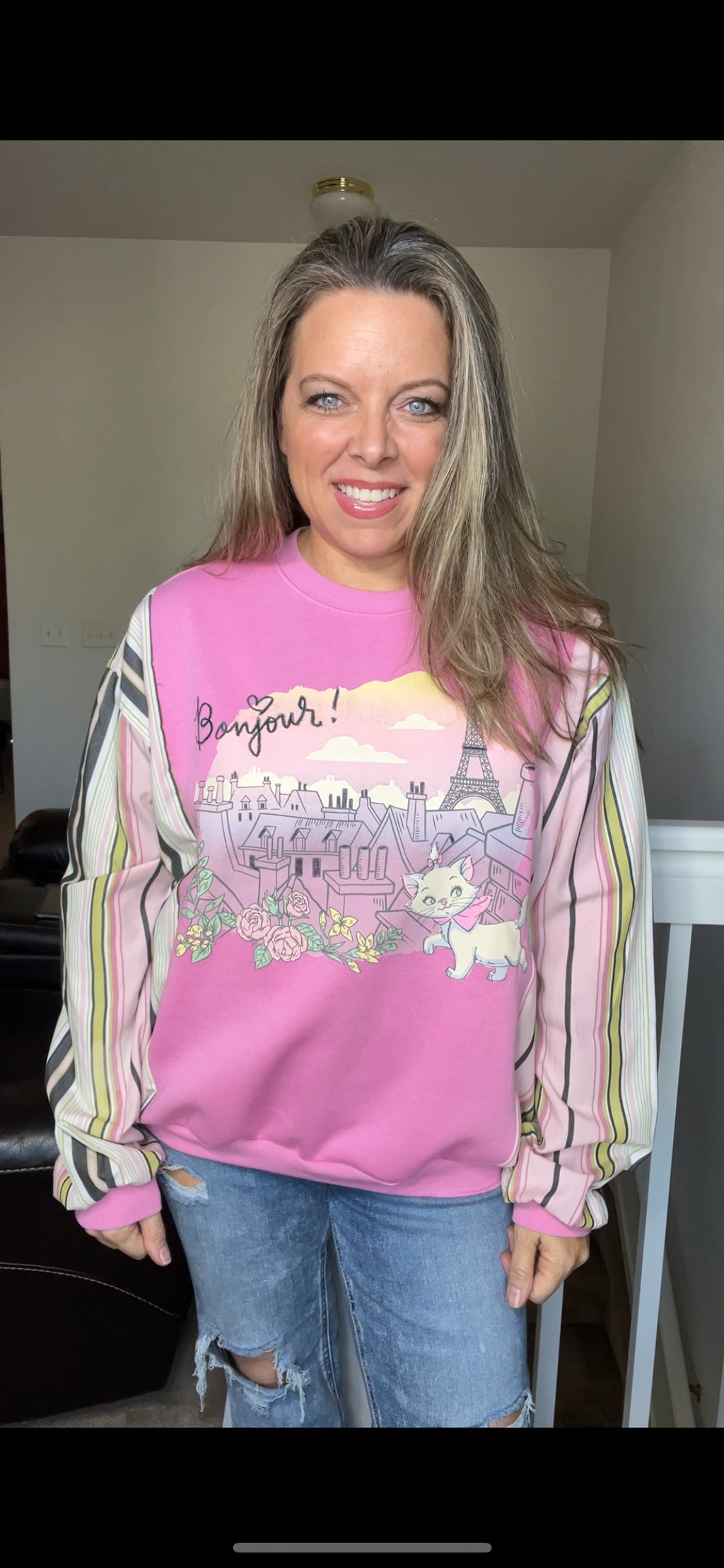 Upcycled Bonjour – women’s small midweight sweatshirt with cotton sleeves – sleeves are fitted