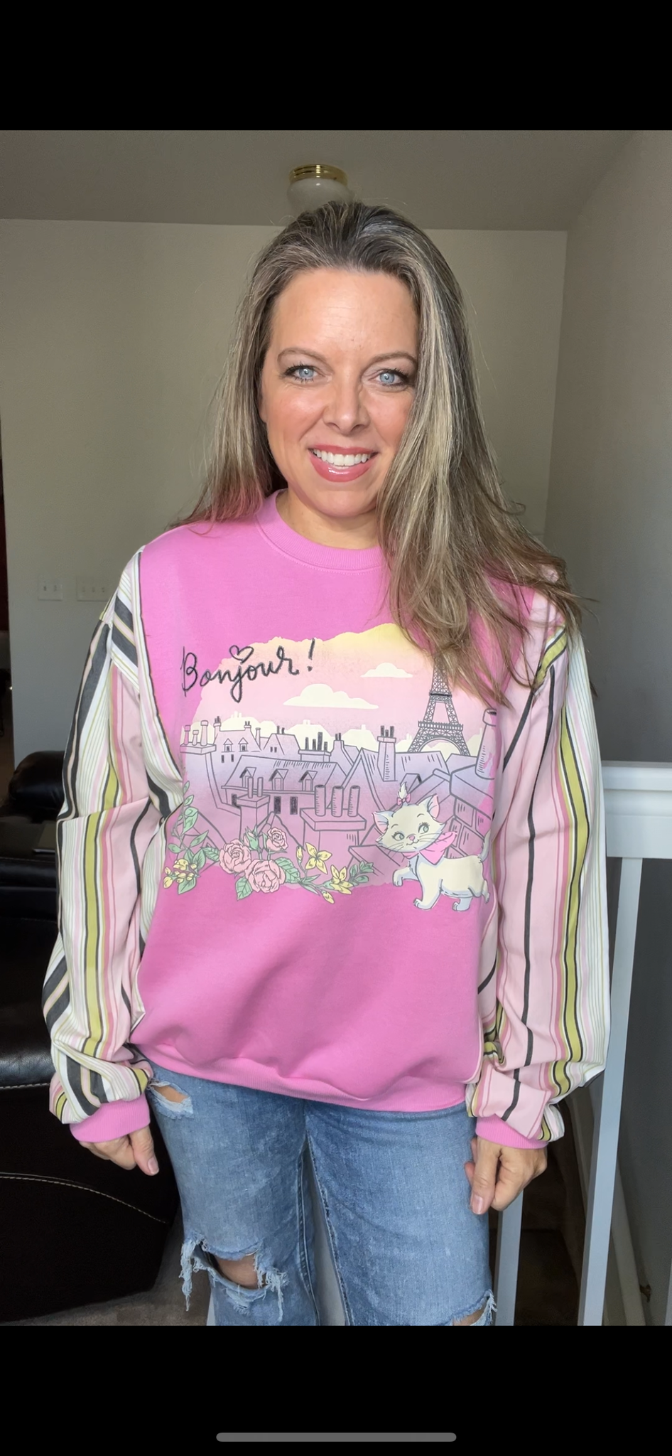 Upcycled Bonjour – women’s small midweight sweatshirt with cotton sleeves – sleeves are fitted