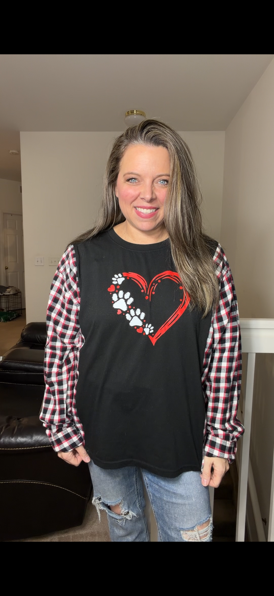 Upcycled Dog Heart women's L/XL T-shirt with flannel sleeves