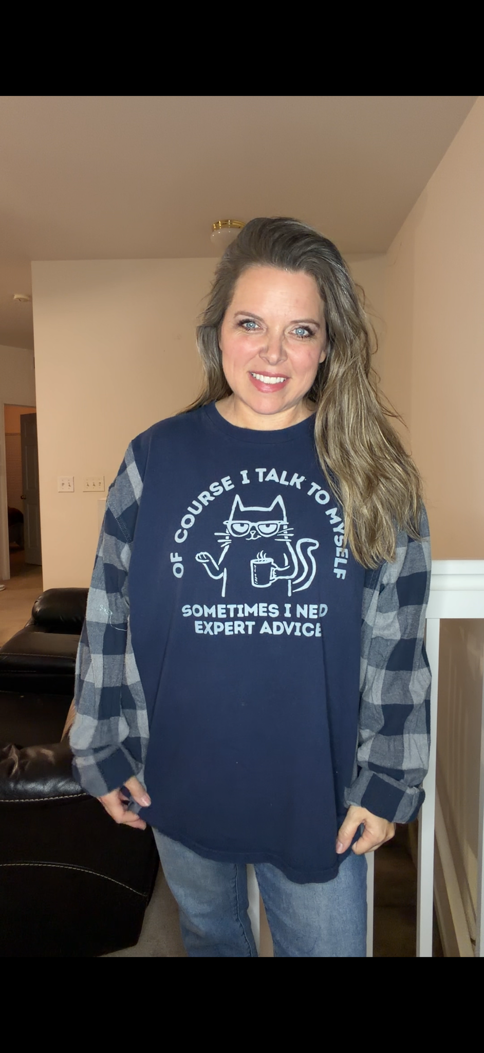 Upcycled Cat Advice - women's 4X T-shirt with flannel sleeves